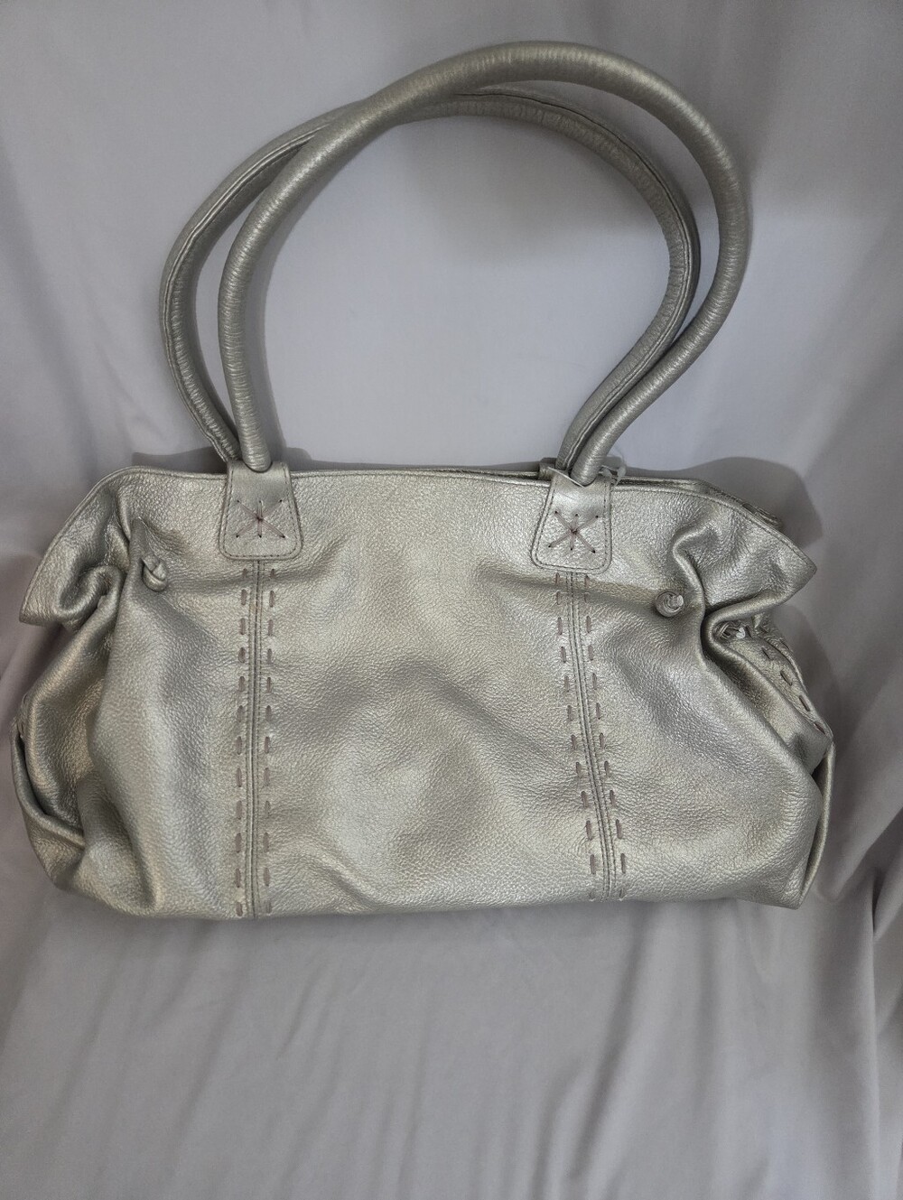 Carlos Falchi Metallic Silver Leather Shoulder Bag